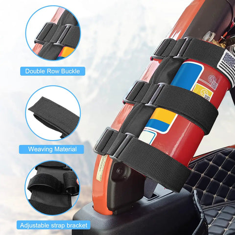 Badass Trail Tough Heavy Duty Black Nylon Fire Extinguisher Roll Bar Mount With Ultra Universal Hook Fastening Straps For Jeep Wrangler Off Road Rig Build showing adjustable straps and buckles.