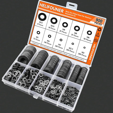 900 Piece Black Zinc Flat Washers Assorted Kit With Lock Metal Washers In Durable Plastic Case Includes M2 M2.5 M3 M4 M5 M6 M8 M10 M12 For Electrical Projects And DIY Gear