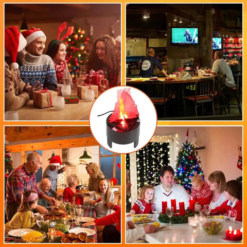 3D LED Fake Campfire Flame Light With Realistic Flicker in festive home and restaurant settings, enhancing Christmas ambiance.