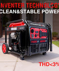 7000-Watt Open Frame Inverter Generator With Electric Start Portable Power For Home Backup And RV Camping 120V And 240V Dual Voltage Clean Sine Power For Sensitive Electronics Gas Powered on driveway.
