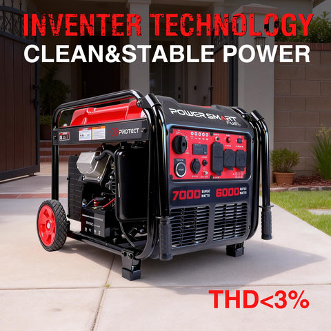 7000-Watt Open Frame Inverter Generator With Electric Start Portable Power For Home Backup And RV Camping 120V And 240V Dual Voltage Clean Sine Power For Sensitive Electronics Gas Powered on driveway.