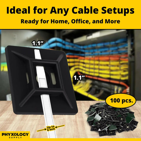 Adhesive-Backed Cable Tie Mounts 100 Pack, UV Black 1.1 x 1.1 Inch Bases in electronic setup background
