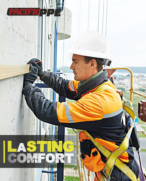 Worker wearing Full Brim Hard Hat For Construction Safety, OSHA Certified And ANSI Z89 Type 1 Class E G C, securing panel