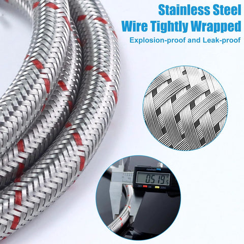 Two 4-ft braided stainless steel washer hoses with 3/4 in NPT connectors and 90-degree elbow