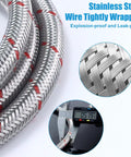 Close-up of Six Foot Premium Stainless Steel Washer Hoses with 90 Degree Elbow No Lead Burst Proof Three Quarter Inch NPT Connection