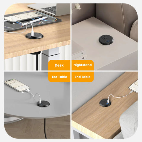 Sleek 2 Inch Desk Power Grommet Outlet With AC Receptacle And Multiple USB Ports delivering quick Type C zip in different table setups.