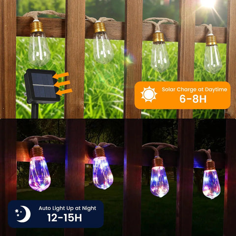 Vintage Hemp Rope Solar String Lights With 20 Shatterproof Bulbs showing day and night function on porch.