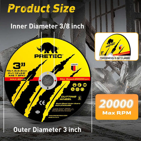 57 Piece 3 Inch Die Grinder Cut Off Wheel Set for Metal and Stainless Steel, showing disc size and RPM specification