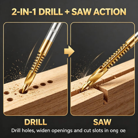 Two-in-one tool showing the Six Piece Top Shelf Twist Drill Bit Set With Serrated Side Cutting Edges for drilling and sawing wood.