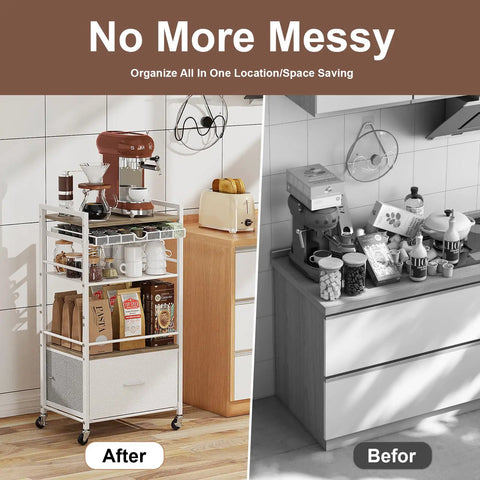 Modern White Coffee Bar Cabinet On Wheels With Ample Storage And Drawer 5 Tier Coffee Station Cart 33.6 Inch High Mobile