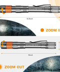Rechargeable Pen Light With 300 Lumens Zoomable LED Pocket Flashlight UV Light Option Clip Memory Mode USB C Cable Included, showing dimensions and zoom feature.