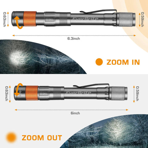 Rechargeable Pen Light With 300 Lumens Zoomable LED Pocket Flashlight UV Light Option Clip Memory Mode USB C Cable Included, showing dimensions and zoom feature.