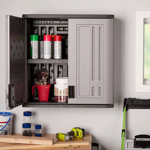 Wall Mounted Garage Storage Cabinet With Durable Resin Construction For Tough Garage Organization, 30 Inch Wide Double Wall Unit With Doors And Slate Top In Platinum Silver Finish