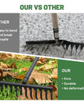 Comparison of our firm, durable 60 Inch Bow Rake With 12 Tines Metal Head And Adjustable Handle for efficient lawn care and soil prep.
