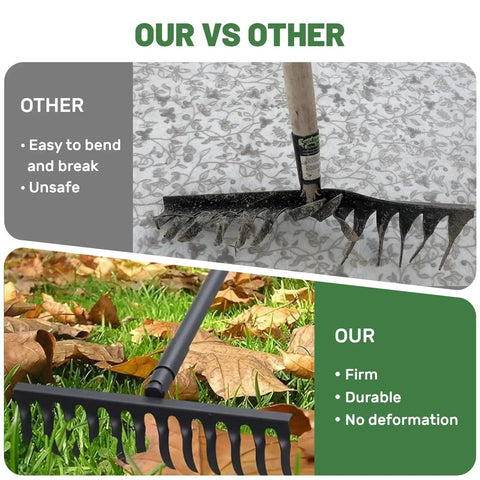 Comparison of our firm, durable 60 Inch Bow Rake With 12 Tines Metal Head And Adjustable Handle for efficient lawn care and soil prep.