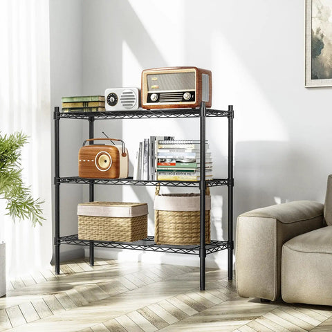 Rock Solid Three Tier Heavy Duty Wire Shelving System Featuring Adjustable Metal Storage Rack In Matte Black Finish Supporting Up To Three Hundred Fifty Pounds Per Shelf Smart Space Saving Design For Pantry Basement Top Shelf Home Organization