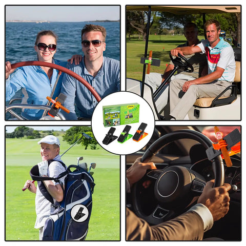 3 Pack Cigar Holders For Golf Carts Durable ABS Plastic Golf Cart Accessories Rust Resistant Cigar Gifts For Golfers Black Green Orange Color Options In Stock showcasing usage on golf carts, boats, and steering wheels.