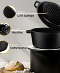 Heavy Duty Cast Iron Dutch Oven With Dual Purpose Skillet Lid 5 Quart Preseasoned Pot showing ribbed grill surface and easy-grip handles.