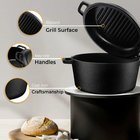 Heavy Duty Cast Iron Dutch Oven With Dual Purpose Skillet Lid 5 Quart Preseasoned Pot showing ribbed grill surface and easy-grip handles.