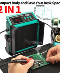 2-In-1 Soldering Station With Built-In Fume Extractor And 110W Iron in use on PCB, digital display and accessories visible.