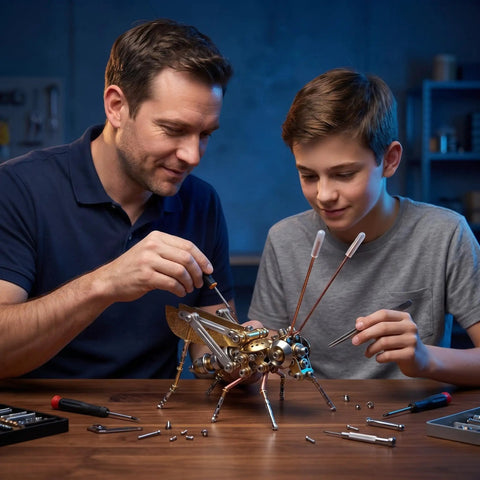 Father and son assembling Cricket 3D Metal Puzzle Kit With 160 Pieces, Mechanical Screw Assembly, Level 3 Of 5, About 3 Hours Build, No Glue Needed, Desktop Ornament, Cool Birthday Gift For Dad Or Husband