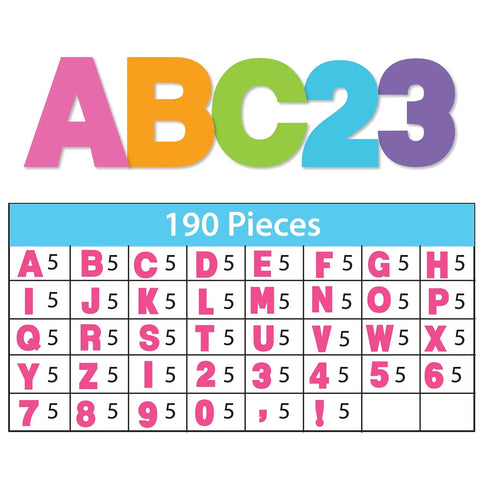 Neon Poster Letters Set 4 Inch 190 Pieces A To Z, 0 To 9 And Symbols, Peel And Stick Then Glue for signs, shown in bright colors.
