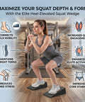 Woman using 2 Pack Premium Heel Elevated Squat Wedges With Non Slip Grip to improve squat depth in a gym setting.