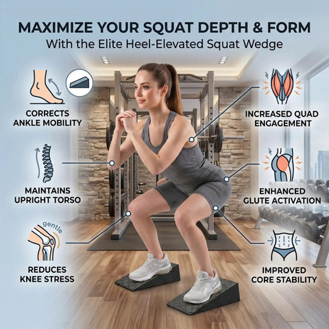 Woman using 2 Pack Premium Heel Elevated Squat Wedges With Non Slip Grip to improve squat depth in a gym setting.