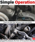 Hose Removal Pliers For Auto And Marine Use Easy Grip Hose Separator Tool For Fuel And Vacuum Lines in action on engine.