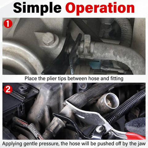 Hose Removal Pliers For Auto And Marine Use Easy Grip Hose Separator Tool For Fuel And Vacuum Lines in action on engine.