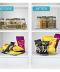 Before and after of cabinet with Clear 9 Inch Lazy Susan Organizer Turntable For Spice Cabinet Storage And Kitchen Organization 2 Pack