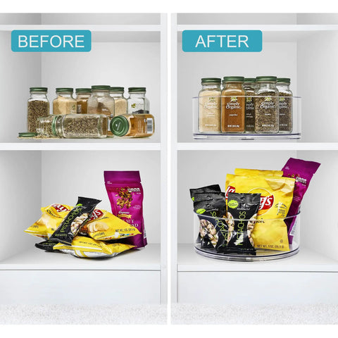 Before and after of cabinet with Clear 9 Inch Lazy Susan Organizer Turntable For Spice Cabinet Storage And Kitchen Organization 2 Pack