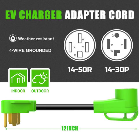 Heavy Duty Nema 14-30p To 14-50r EV Charger Adapter with 12-inch cable, weather-resistant features for indoor and outdoor use.