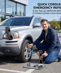 Portable Cordless Tire Inflator With Dual Digital Gauge And 6000 Mah Battery being used to inflate a car tire in a parking lot.