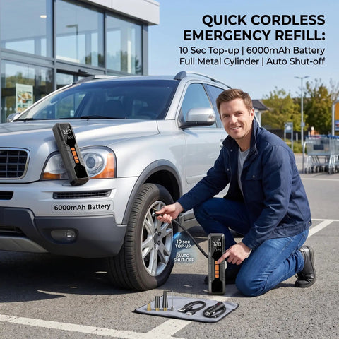 Portable Cordless Tire Inflator With Dual Digital Gauge And 6000 Mah Battery being used to inflate a car tire in a parking lot.
