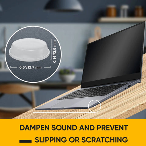 Clear Self Adhesive Cabinet Bumpers Pack Of 256 One Half Inch Rubber Pads For Drawers And Cupboards next to a laptop on a table.