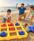 Two-In-One Inflatable Pool Game Center With Giant Floating Tic Tac Toe And Cross Ring Toss on a sandy beach