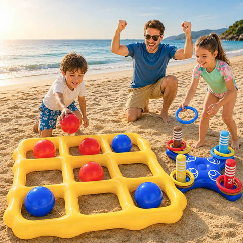 Two-In-One Inflatable Pool Game Center With Giant Floating Tic Tac Toe And Cross Ring Toss on a sandy beach