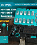 Open carrying case showing Rivet Nut Drill Adapter And Ratchet Wrench Kit with mandrels M3 to M8, SAE 6-32 to 1/4-20.