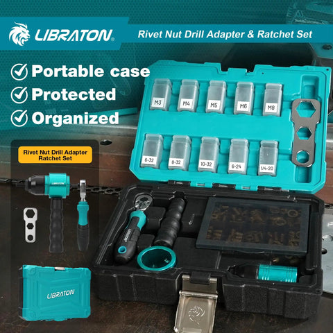 Open carrying case showing Rivet Nut Drill Adapter And Ratchet Wrench Kit with mandrels M3 to M8, SAE 6-32 to 1/4-20.