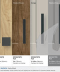 Comparison of Monument Matte Black cabinet handles on wood panels with sizes 30mm, 76mm, 96mm, 128mm center-to-center