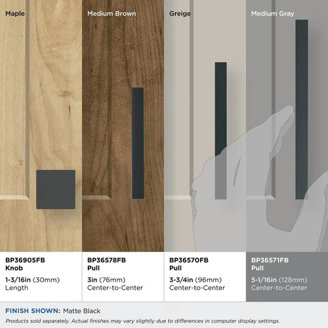 Comparison of Monument Matte Black cabinet handles on wood panels with sizes 30mm, 76mm, 96mm, 128mm center-to-center