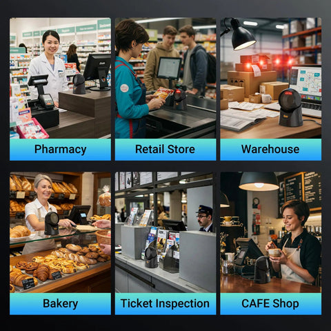 Hands Free Omnidirectional Barcode Scanner Desk Side 2D QR USB Wired Plug And Play Bar Code Reader For POS in various environments.