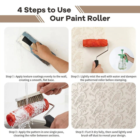 4 step guide on using the 7 Inch Soft Rubber Embossing Paint Roller For Seamless Wall Texturing.