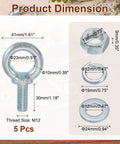 Five Pack M12 Galvanized Carbon Steel Eye Bolts Kit With Nuts And Washers, Built Tough Heavy Duty Screw Eye Bolts For Tie Down Straps, 0.5 By 1.18 Inch Lifting Rings, Indoor Outdoor Use, Silver with size diagram and washers