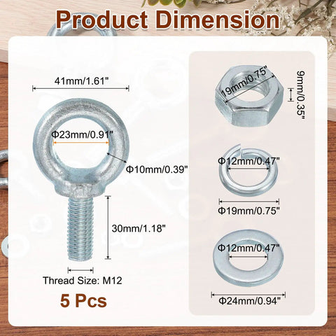 Five Pack M12 Galvanized Carbon Steel Eye Bolts Kit With Nuts And Washers, Built Tough Heavy Duty Screw Eye Bolts For Tie Down Straps, 0.5 By 1.18 Inch Lifting Rings, Indoor Outdoor Use, Silver with size diagram and washers