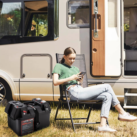 Hardcore 12V Smart Battery Box With Pd Quick Charge Port Anderson Plug Digital Voltmeter Circuit Breaker For Rv Van Suv Overland Grind And Camp Setup beside a woman relaxing outside a camper.