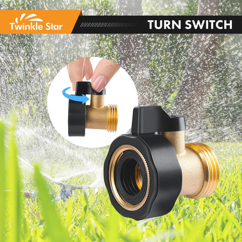 Heavy Duty Brass Shut Off Valve Garden Hose Connector Set Of 2 for three quarter inch hoses in use in a garden setting.