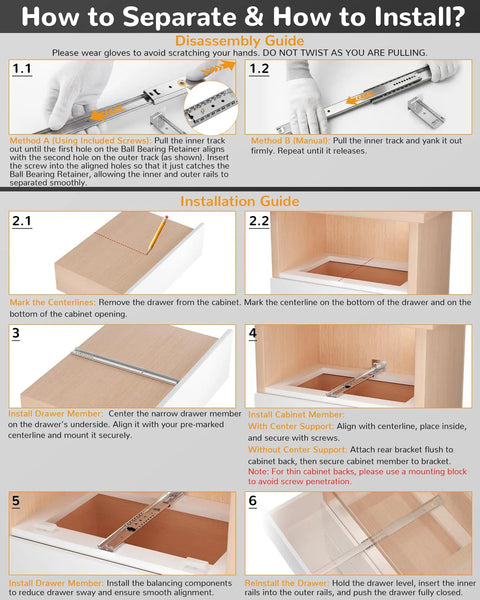 16 Inch Center Mount Drawer Slides Hidden Undermount Heavy Duty Concealed Central Rails Three Quarter Extension Bottom Glide Track Runners For Kitchen Cabinets Dressers And Chests installation guide