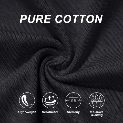 Close-up of pure cotton fabric highlighting features like lightweight, breathable, stretchy, and moisture-wicking properties.
